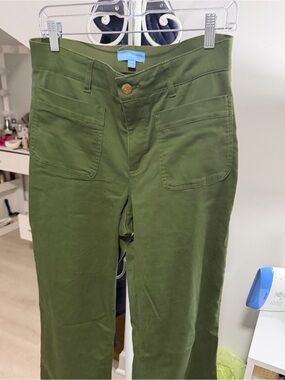 Draper James Olive Green High-Waist Pants with Brass Floral Button